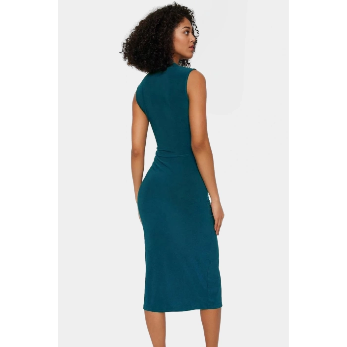 Midi Boy V Yaka Büzgü Detaylı Elbise Esnek Örme Kumaş Bodycon Kalıp 120 cm Uzunluk Premium Kalite