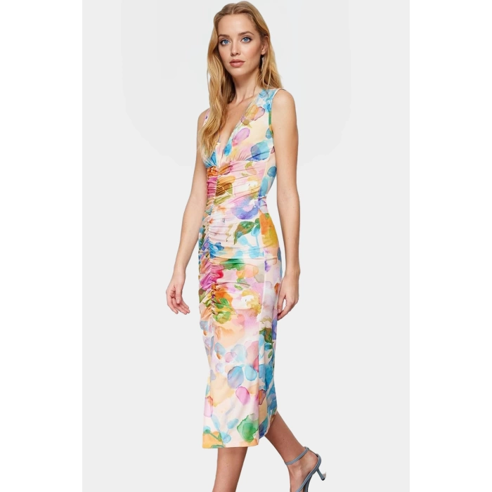 Midi Boy V Yaka Büzgü Detaylı Elbise Esnek Örme Kumaş Bodycon Kalıp 120 cm Uzunluk Premium Kalite