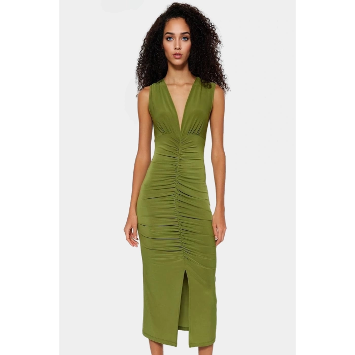 Midi Boy V Yaka Büzgü Detaylı Elbise Esnek Örme Kumaş Bodycon Kalıp 120 cm Uzunluk Premium Kalite