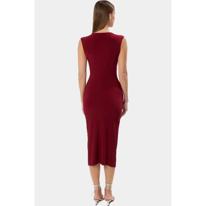 Midi Boy V Yaka Büzgü Detaylı Elbise Esnek Örme Kumaş Bodycon Kalıp 120 cm Uzunluk Premium Kalite