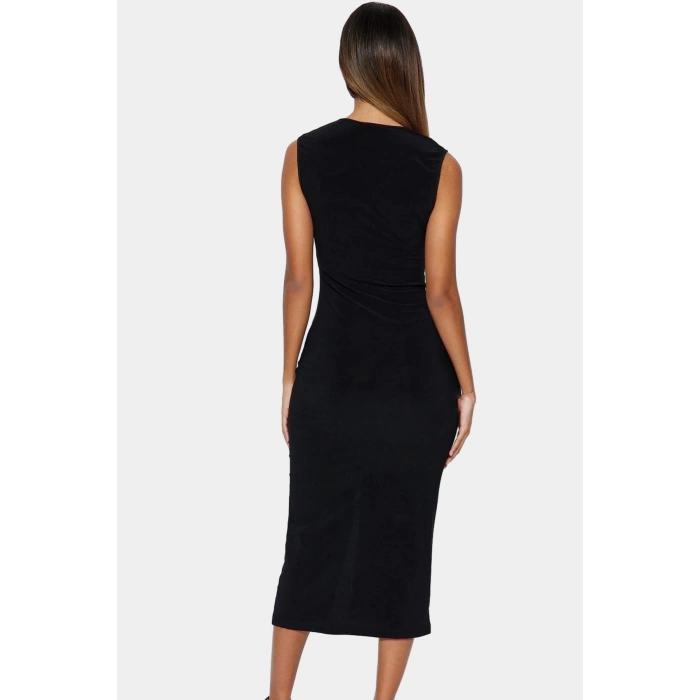 Midi Boy V Yaka Büzgü Detaylı Elbise Esnek Örme Kumaş Bodycon Kalıp 120 cm Uzunluk Premium Kalite
