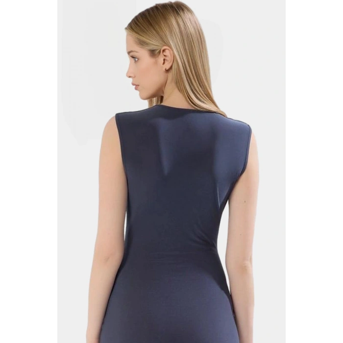 Midi Boy V Yaka Büzgü Detaylı Elbise Esnek Örme Kumaş Bodycon Kalıp 120 cm Uzunluk Premium Kalite