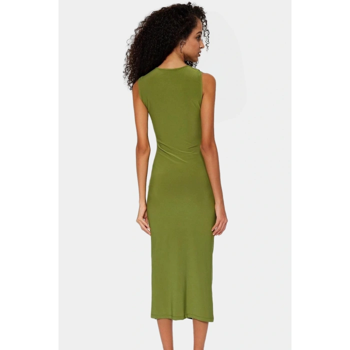Midi Boy V Yaka Büzgü Detaylı Elbise Esnek Örme Kumaş Bodycon Kalıp 120 cm Uzunluk Premium Kalite