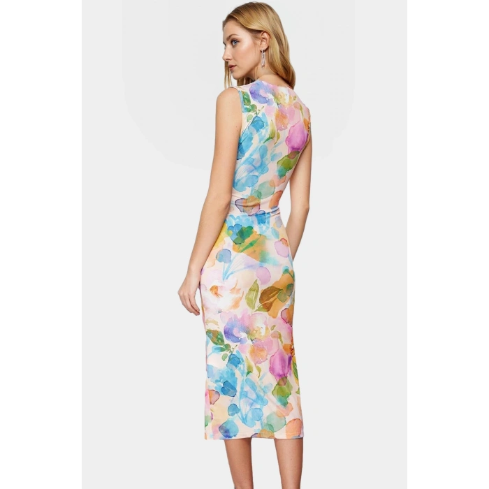 Midi Boy V Yaka Büzgü Detaylı Elbise Esnek Örme Kumaş Bodycon Kalıp 120 cm Uzunluk Premium Kalite