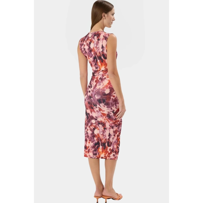 Midi Boy V Yaka Büzgü Detaylı Elbise Esnek Örme Kumaş Bodycon Kalıp 120 cm Uzunluk Premium Kalite