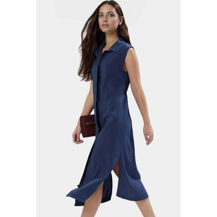 Midi Dokuma Gömlek Elbise 85% Modal 15% Polyester Günlük Stil Yüksek Kalite Mükemmel Uyum