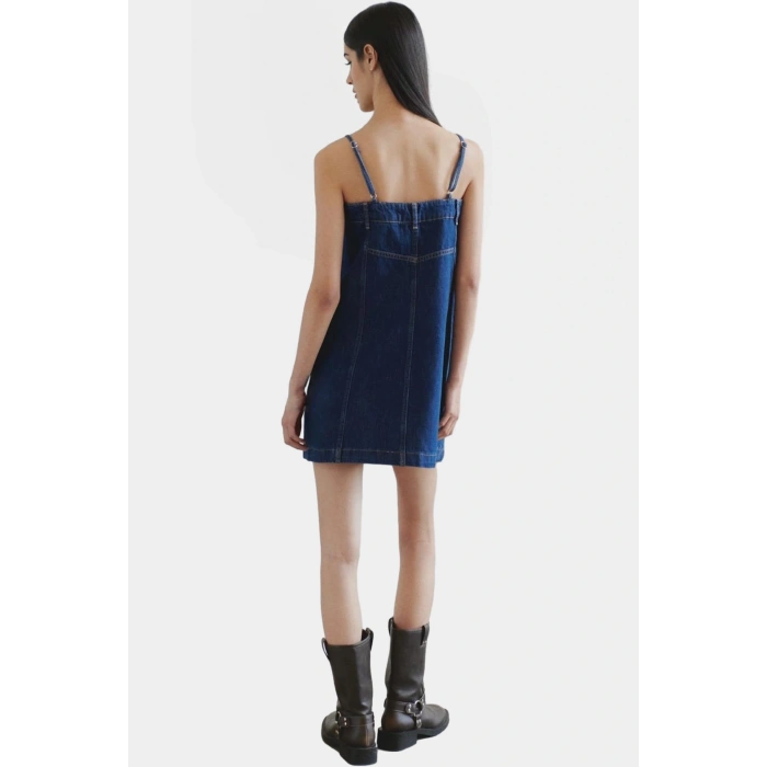 Mini Denim Elbise %Pamuk Kolsuz A line Metal Toka Detay Özel Tasarım Uzun Ömürlü
