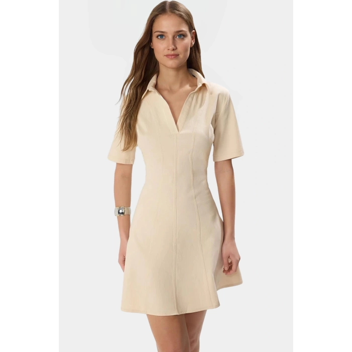 Mini Elbise Gabardin Dokuma Belden Açılan Dikiş Yazlık Rahat Günlük Kullanım İçin