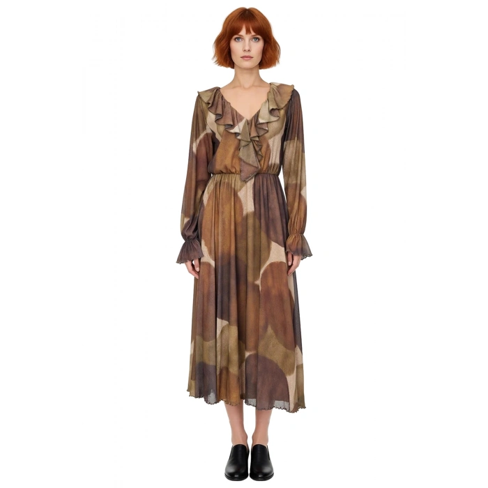 Moda İleri Kadın Soyut Desenli Fırfır Detaylı V Yaka Uzun Kollu Örme Maxi Elbise Seçeneği.