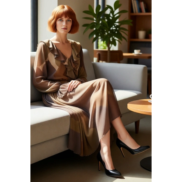 Moda İleri Kadın Soyut Desenli Fırfır Detaylı V Yaka Uzun Kollu Örme Maxi Elbise Seçeneği.