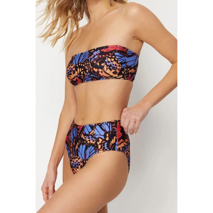 Moda Leopar Atma Kap Straplez Yüksek Bel Hipster Yeşil Straplez Yüksek Bel Hipster Bikini Takımı