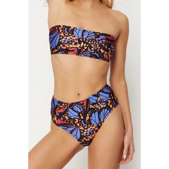 Moda Leopar Atma Kap Straplez Yüksek Bel Hipster Yeşil Straplez Yüksek Bel Hipster Bikini Takımı