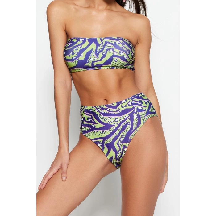 Moda Leopar Atma Kap Straplez Yüksek Bel Hipster Yeşil Straplez Yüksek Bel Hipster Bikini Takımı
