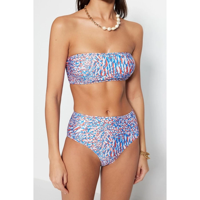 Moda Leopar Atma Kap Straplez Yüksek Bel Hipster Yeşil Straplez Yüksek Bel Hipster Bikini Takımı