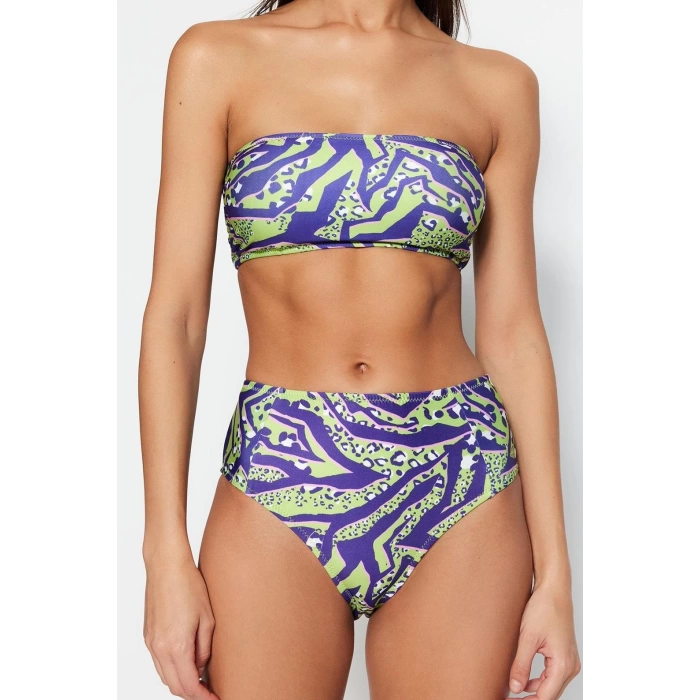 Moda Leopar Atma Kap Straplez Yüksek Bel Hipster Yeşil Straplez Yüksek Bel Hipster Bikini Takımı