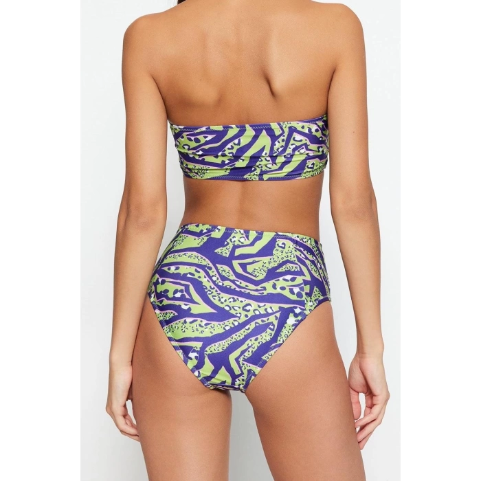 Moda Leopar Atma Kap Straplez Yüksek Bel Hipster Yeşil Straplez Yüksek Bel Hipster Bikini Takımı