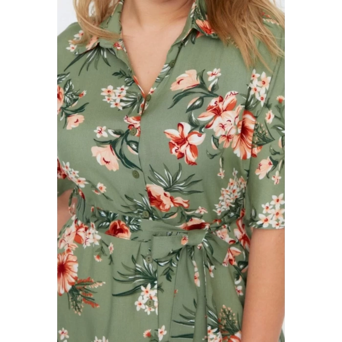 Moda Rahat Casual Günlük Shally Dokuma Gömlek Yaka Kısa Kol A-Line Maxi Boy Büyük Beden Elbise