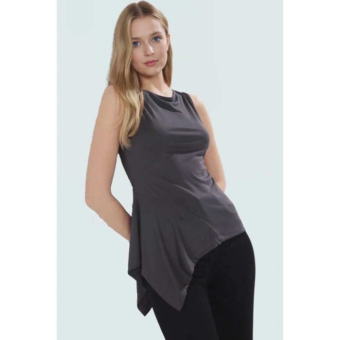 Modal Örme Fitted Asimetrik Bluz Kayık Yaka Kolsuz Günlük Kaliteli İşçilik