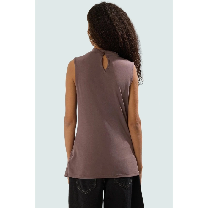 Modal Polyester Örme Bluz Dik Yaka Büzgü Detaylı Yazlık Kaliteli İşçilik Şık Görünüm