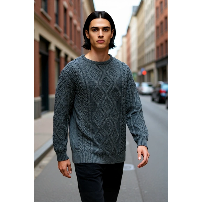 Modern Erkek Oversize Saç Örgü Desenli Bisiklet Yaka Triko Kazak Günlük Şıklık Sunar Kaliteli