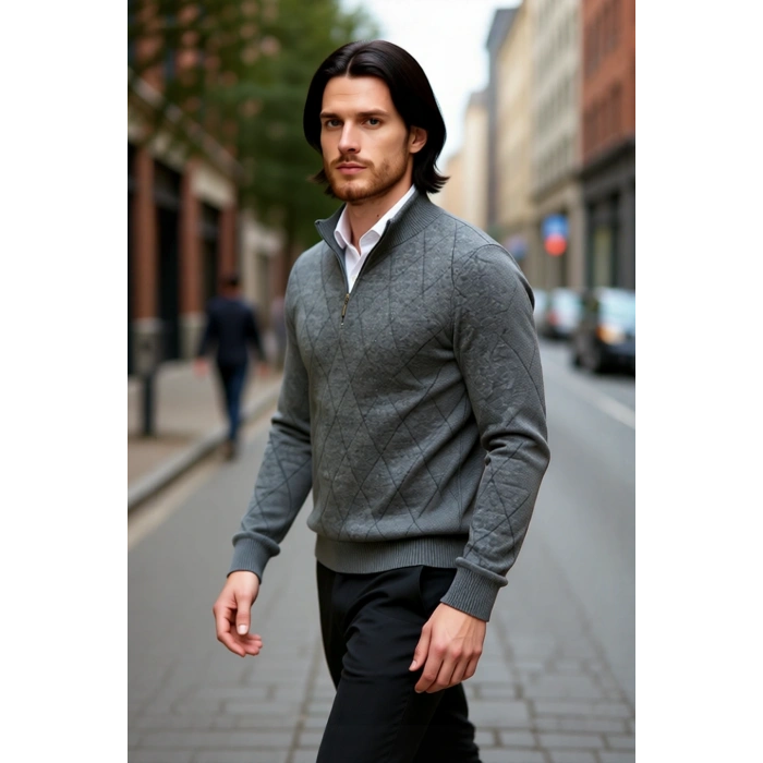 Modern Erkek Regular Kalıp Pamuklu Triko Yarım Balıkçı Fermuarlı Baklava Desenli Kazak Stili