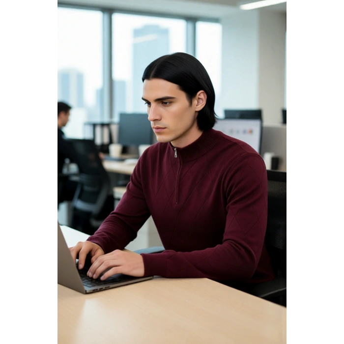 Modern Erkek Regular Kalıp Pamuklu Triko Yarım Balıkçı Fermuarlı Baklava Desenli Kazak Stili