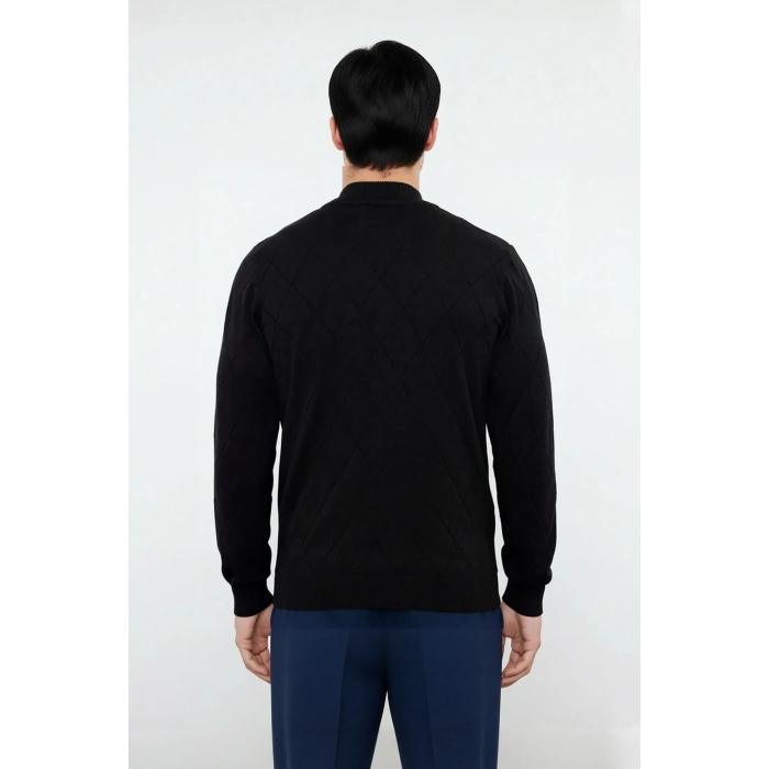 Modern Erkek Regular Kalıp Pamuklu Triko Yarım Balıkçı Fermuarlı Baklava Desenli Kazak Stili