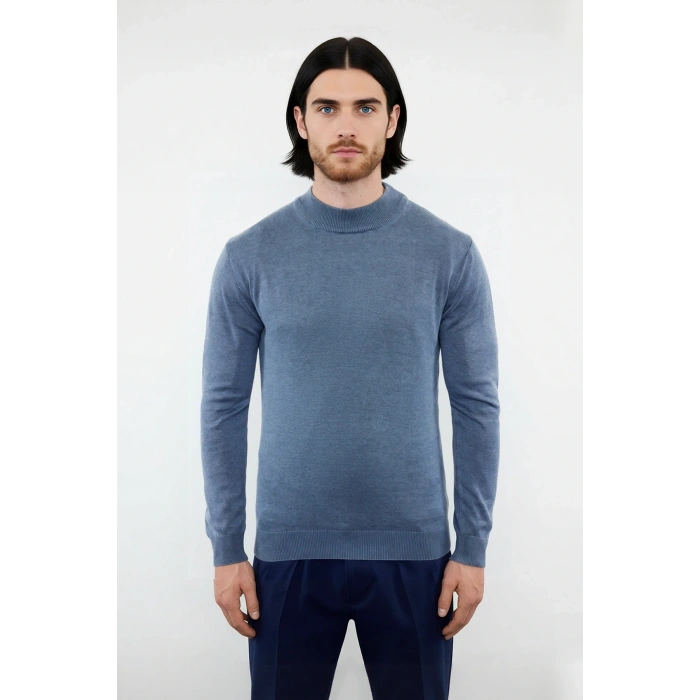 Modern Erkek Triko Kazak Fitted Kesim Dik Yaka Uzun Kollu Rahat Pamuklu Karışım Basic Stil Kış ve