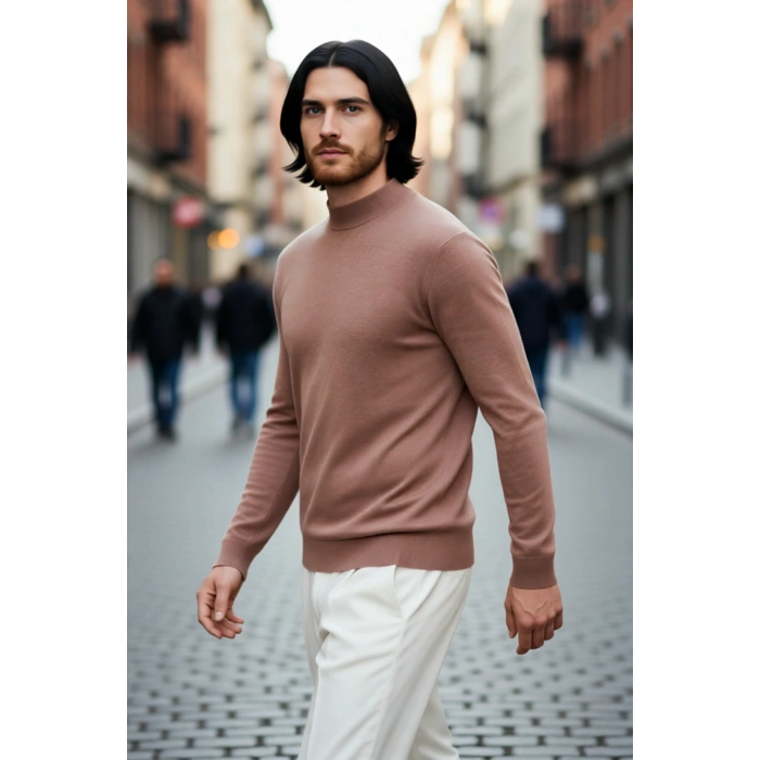 Modern Erkek Triko Kazak Fitted Kesim Dik Yaka Uzun Kollu Rahat Pamuklu Karışım Basic Stil Kış ve