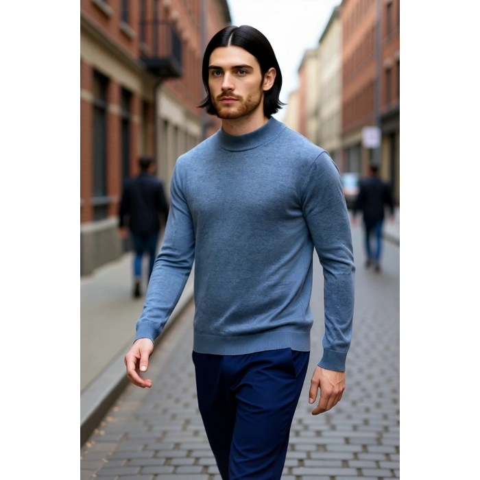 Modern Erkek Triko Kazak Fitted Kesim Dik Yaka Uzun Kollu Rahat Pamuklu Karışım Basic Stil Kış ve