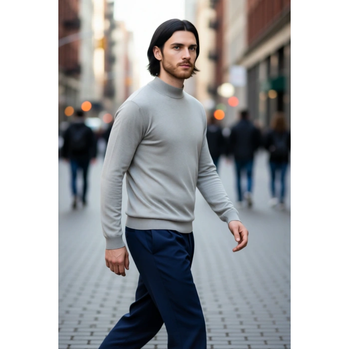 Modern Erkek Triko Kazak Fitted Kesim Dik Yaka Uzun Kollu Rahat Pamuklu Karışım Basic Stil Kış ve