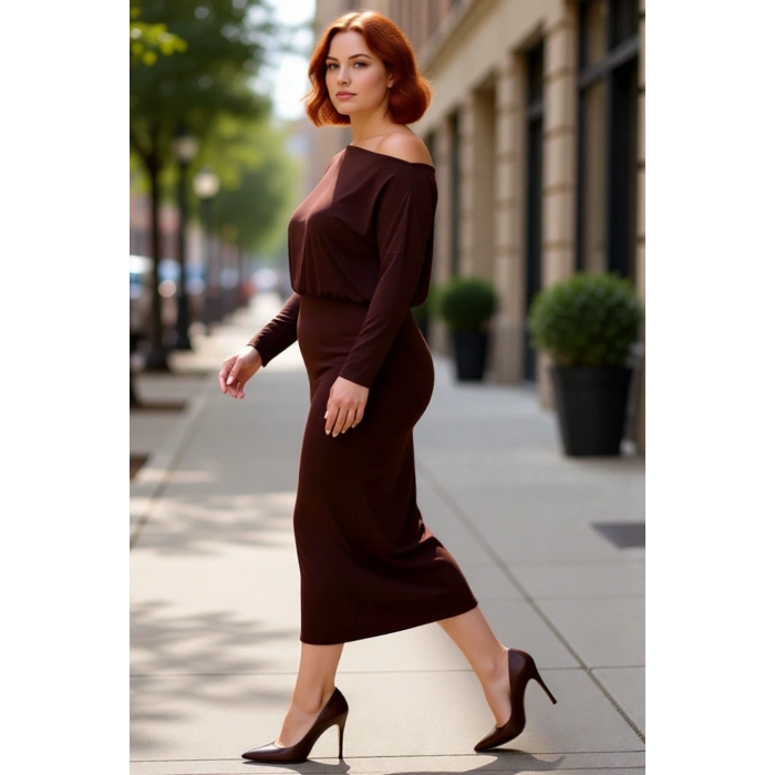 Modern Kadın Asimetrik Yaka Uzun Kollu Bodycon Midi Maxi Elbise Kış Günleri İçin Şık Ve Rahat Örme