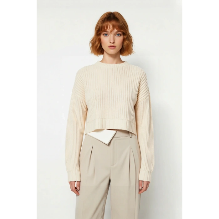 Modern Kadın Basic Oversize Crop Triko Kazak Fitilli Uzun Kollu Bisiklet Yaka İlkbahar Sonbahar