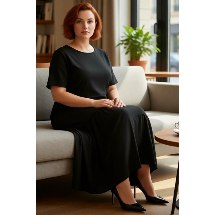 Modern Kadın Büyük Beden Bisiklet Yaka Kısa Kol Aerobin Maxi Elbise Casual Şıklık İçin Kaliteli