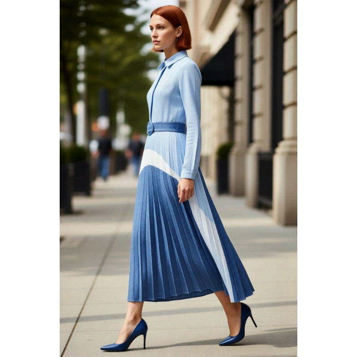 Modern Kadın Gömlek Yaka Kemerli Uzun Kollu Renk Bloklu Maxi Elbise İlkbahar Yaz Şıklığı Kaliteli