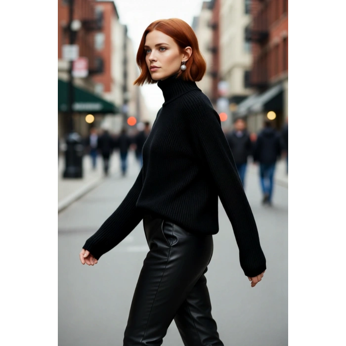 Modern Kadın Oversize Fit Dik Yaka Fermuar Detaylı Düz Reglan Kol Triko Kazak Günlük Stil İçin