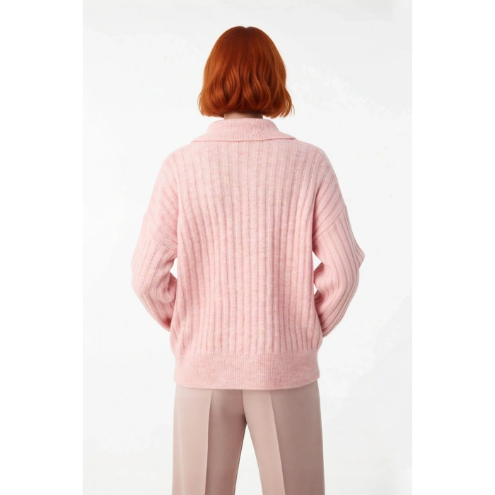 Modern Kadın Oversize Polo Yaka Triko Kazak Rahat Düşük Kol Fitilli Dokusuyla Kış Gardırobunuzun