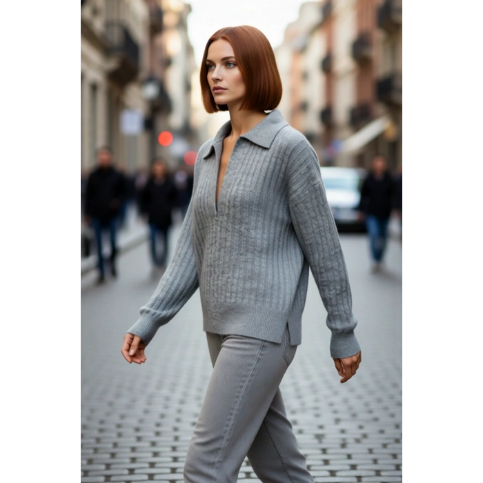 Modern Kadın Oversize Polo Yaka Triko Kazak Rahat Düşük Kol Fitilli Dokusuyla Kış Gardırobunuzun