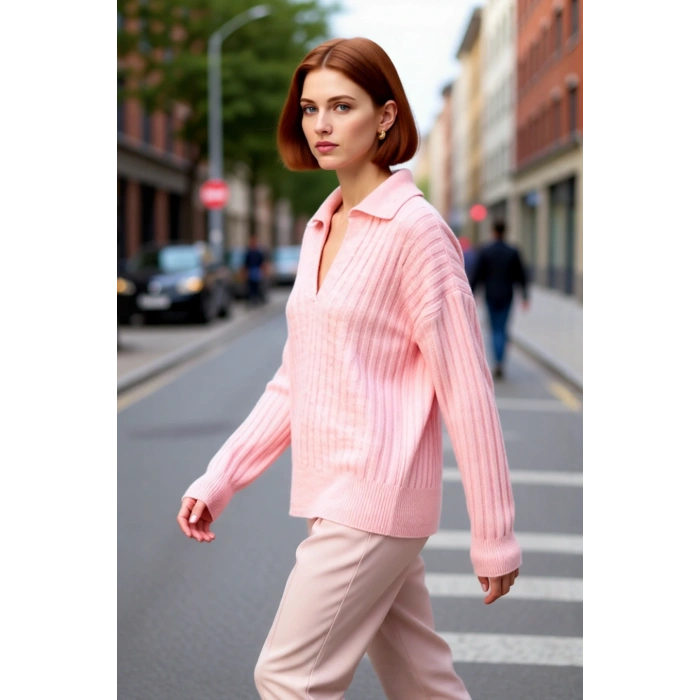 Modern Kadın Oversize Polo Yaka Triko Kazak Rahat Düşük Kol Fitilli Dokusuyla Kış Gardırobunuzun