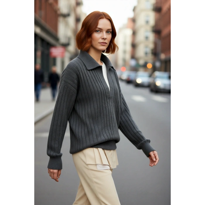 Modern Kadın Oversize Polo Yaka Triko Kazak Rahat Düşük Kol Fitilli Dokusuyla Kış Gardırobunuzun