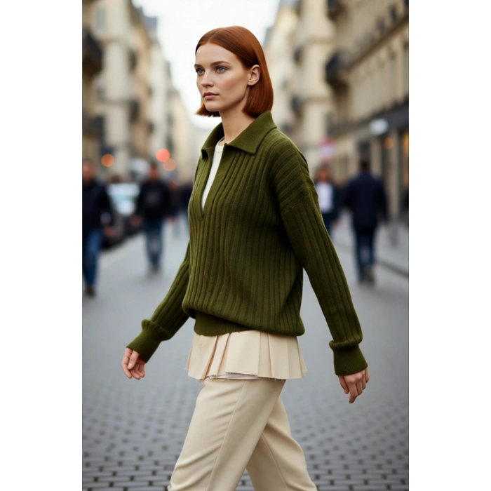 Modern Kadın Oversize Polo Yaka Triko Kazak Rahat Düşük Kol Fitilli Dokusuyla Kış Gardırobunuzun