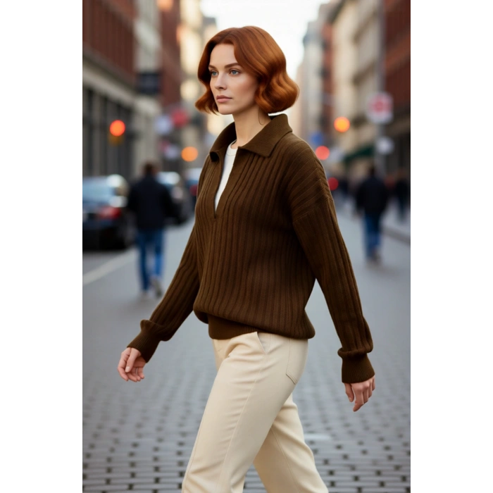 Modern Kadın Oversize Polo Yaka Triko Kazak Rahat Düşük Kol Fitilli Dokusuyla Kış Gardırobunuzun