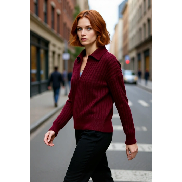 Modern Kadın Oversize Polo Yaka Triko Kazak Rahat Düşük Kol Fitilli Dokusuyla Kış Gardırobunuzun