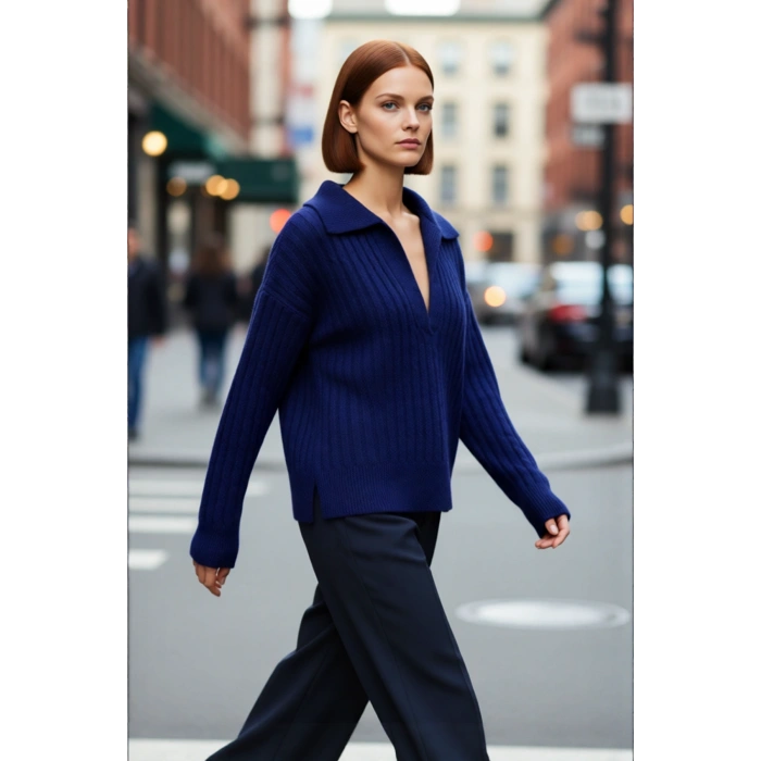 Modern Kadın Oversize Polo Yaka Triko Kazak Rahat Düşük Kol Fitilli Dokusuyla Kış Gardırobunuzun