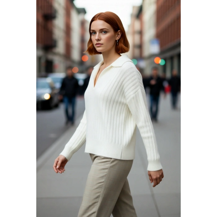 Modern Kadın Oversize Polo Yaka Triko Kazak Rahat Düşük Kol Fitilli Dokusuyla Kış Gardırobunuzun