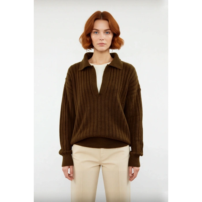 Modern Kadın Oversize Polo Yaka Triko Kazak Rahat Düşük Kol Fitilli Dokusuyla Kış Gardırobunuzun