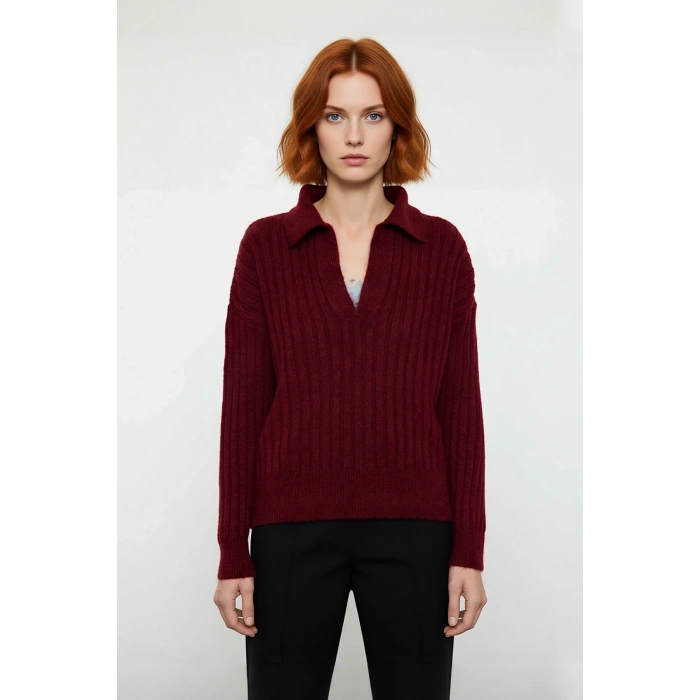 Modern Kadın Oversize Polo Yaka Triko Kazak Rahat Düşük Kol Fitilli Dokusuyla Kış Gardırobunuzun