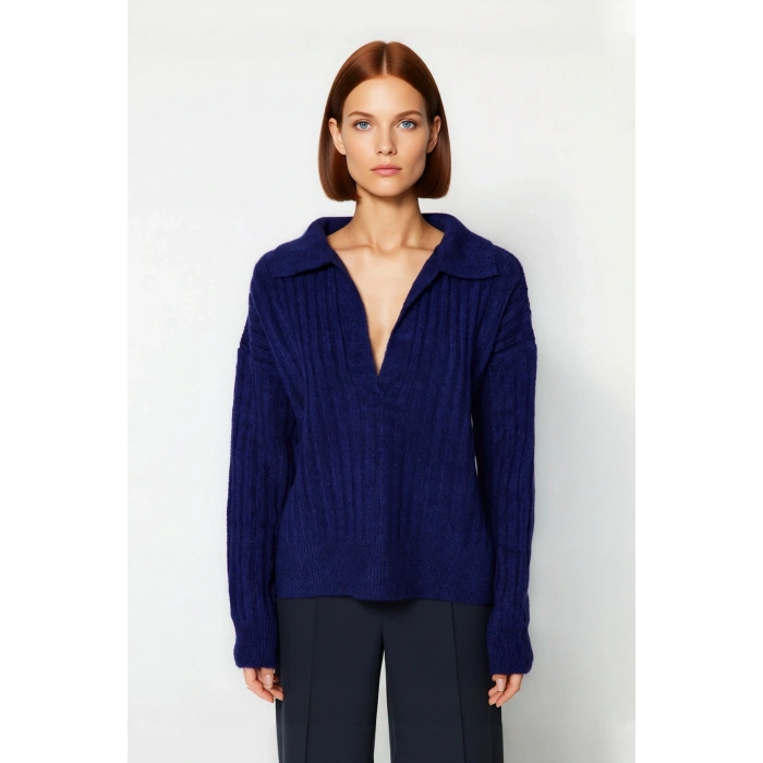 Modern Kadın Oversize Polo Yaka Triko Kazak Rahat Düşük Kol Fitilli Dokusuyla Kış Gardırobunuzun