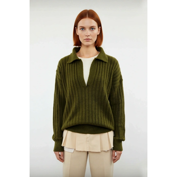 Modern Kadın Oversize Polo Yaka Triko Kazak Rahat Düşük Kol Fitilli Dokusuyla Kış Gardırobunuzun