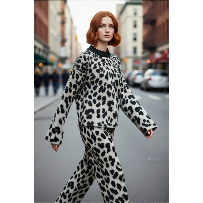 Modern Kadın Oversize Triko Leopar Desenli Bisiklet Yaka Kazak Günlük Tarz Soğuk Havalar İçin